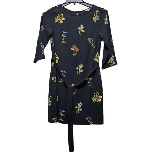 H & M 3/4  Dress Black with Small Floral Tie Belt Above Knee Size 6 - Picture 3 of 12